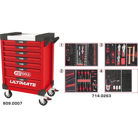 KS Tools - Servante ULTIMATE rouge 7 tiroirs équipée de 263 outils - 809.7263