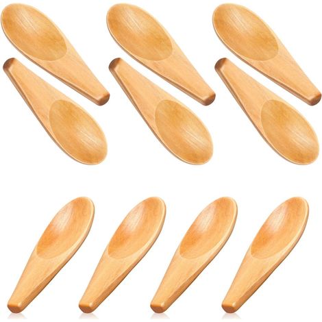Lot de 10 cuillère à condiment, bois massif, manche court, naturel, cuisine, voyage (1/5)