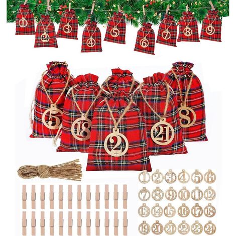 Adventskalender zum Befüllen 24 Jutesäckchen mit Holz-Zahlenanhängern rot kariert