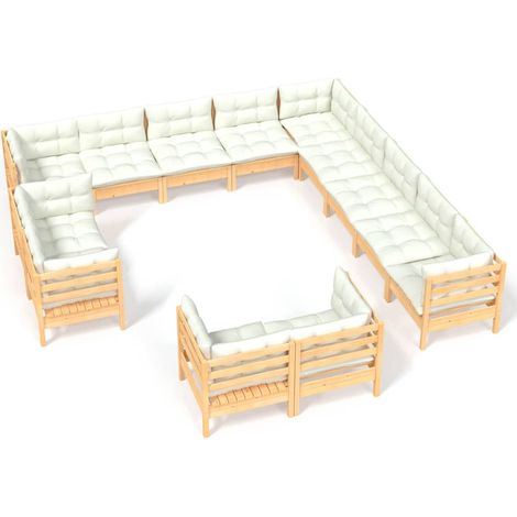 Muebles de jardín muebles de exterior juego de muebles de 13 piezas con cojines color crema de madera maciza de pino (1/5)