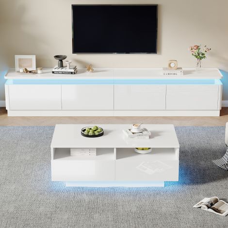 Ensemble meuble TV et table basse moderne – Blanc brillant avec éclairage LED – 4 tiroirs – Adapté aux téléviseurs jusqu'à 75 pouces (1/4)