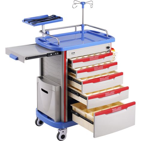 Vevor – Chariot de laboratoire mobile 5 niveaux – Capacité 400 lb – 5 tiroirs, 2 poubelles, 4 roues silencieuses – Pour hôpital et clinique