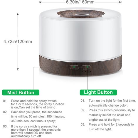 Humidificateur d'air ultrasonique 500 ml, diffuseur d'huiles essentielles, lampe colorée, télécommande, minuterie, double mode de diffusion, diffuseur d'arômes pour aromathérapie, brumisateur