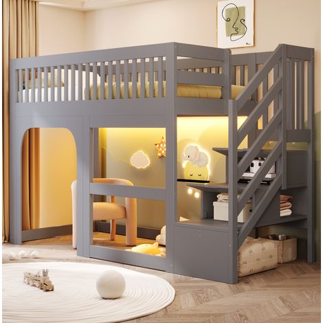 Etagenbett 90/200 cm gris con escalera de almacenaje, LED y espacio abierto inferior (1/5)