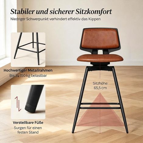 Tabouret de bar design avec dossier confortable, chaise de cuisine moderne en bois et métal, élégant siège de comptoir, pack de 2 unités (1/5)