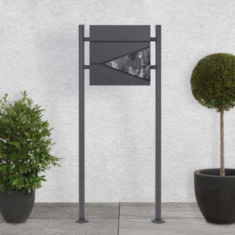 ECD Germany Buzón De Correo Con Soporte Y Compartimento Para El Periódico 37x36,5x11cm Acero Antracita Aspecto De Mármol Negro Con 2 Llaves Solapa De Cierre Total Diseño Moderno Pedestal 120cm (1/5)