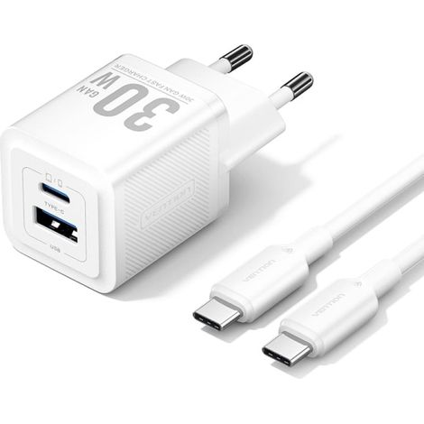Vention Cargador GaN USB-C 30W - Cable USB-C 1 metro - Color Blanco
Características:
Cargador:
-Interfaz: USB-A/USB-C
-Carcasa: PC
-Entrada: 100-240 V