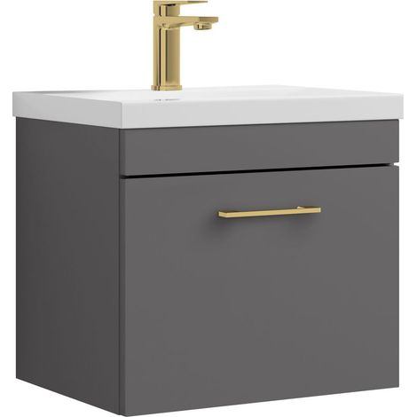 Millwich 1 Drawer Wall Hung Vanity Basin Unit - 500mm - Gloss Grey with Brushed Brass D-shaped handle (Tap Not Included) (1/4)