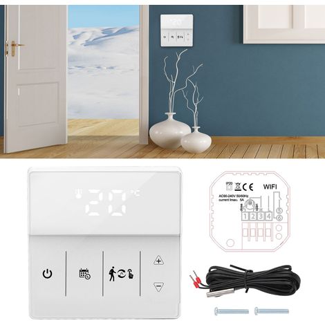 Thermostat intelligent avec écran tactile, application, commande vocale, Wi-Fi, contrôleur de température pour la maison, 90-240 V, blanc (1/5)