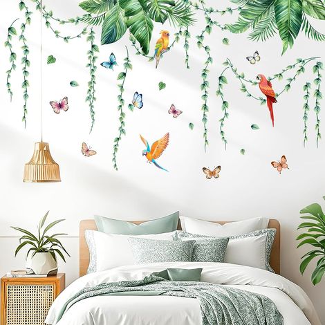 Feuilles tropicales plante stickers muraux vrilles feuilles de palmier vert oiseaux autocollants muraux chambre d'enfant salon chambre couloir décoration murale (1/5)