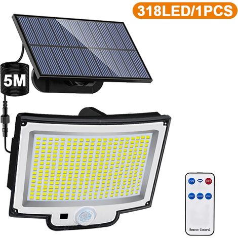 Projecteur solaire (318 LED, 1 pièce) : 3 modes d'éclairage, ultra-lumineux, détecteur de mouvement, étanche IP65, pour extérieur, mur ou jardin. Éclairage de sécurité. (1/5)