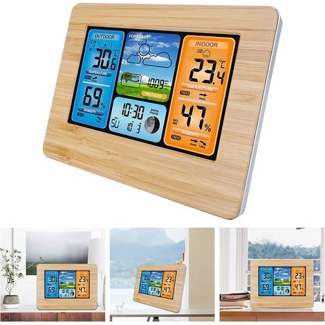 (RF Gelb) Drahtlose Wetterstation mit Innen-/Außensensor, digitale LCD-Wetterstation mit Warnmeldungen/Temperatur/Luftfeuchtigkeit/Luftdruck (1/5)