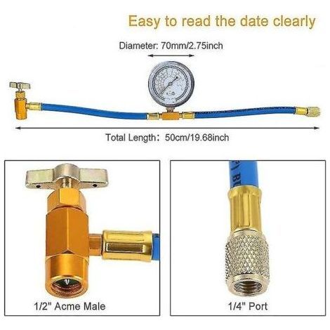 Choyclit – Tuyau de charge R134a pour réfrigérateur – Longueur 19,68 pouces – Jauge de 2,75 pouces – Compatible R12/R22 – Adaptateur 1/4 inclus (1/5)