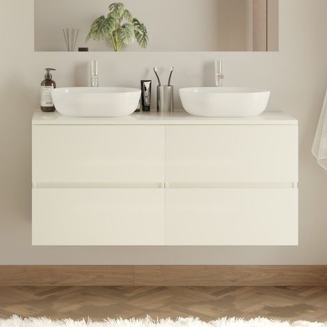 Meuble de salle de bain 120cm avec plateau et 2 vasques à poser arrondies - 4 tiroirs - sans miroir - blanc brillant - IDA (1/5)