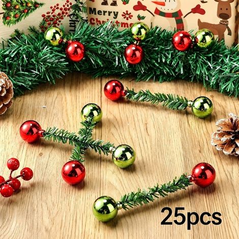 25 PCS liens torsadés de Noël en pin, liens en pin synthétique de 15cm avec boules rouges et vertes pour guirlandes et cadeaux (1/5)