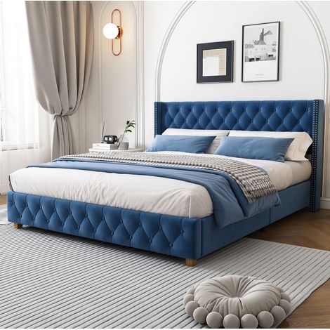 Cama tapizada 160x200 cm de terciopelo azul con cabecero, para uso diario, sin colchón – MEUBLIV (1/5)