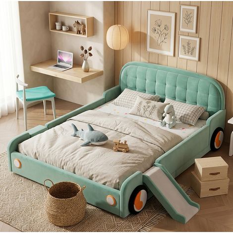 Letto per bambini auto con scivolo e scala, imbottito blu-verde 140x200 cm OKWISH (1/5)