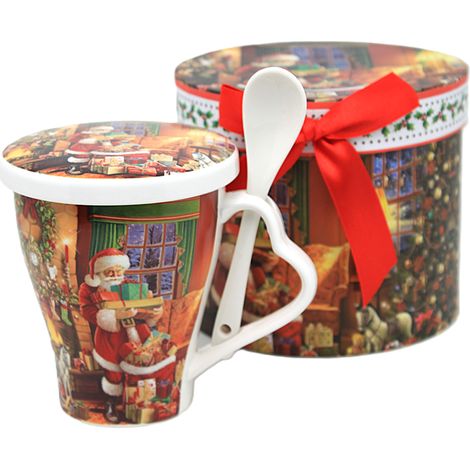 Tazza natalizia in porcellana da 350 ml con motivo di Babbo Natale e regali. (1/5)