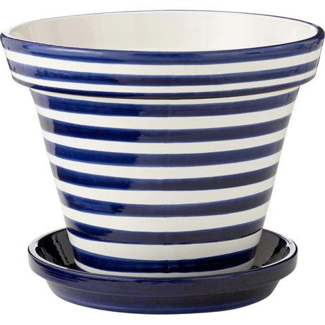 Pot Avec Soucoupe en Céramique "Granada Rayure" 50cm Bleu Cobalt