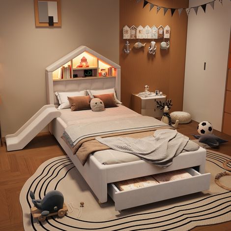 Lit cabane enfant 90x200 cm avec sommier à lattes - lit rembourré avec toboggan réversible led port usb étagères tête de lit et coffre de rangement en velours - beige (1/5)