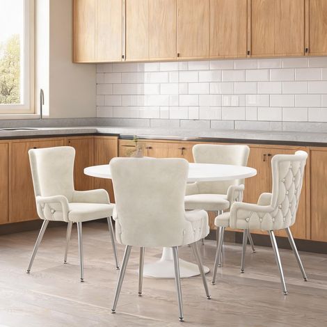Ensemble de 4 chaises beige en velours à piètement métal argenté (1/5)