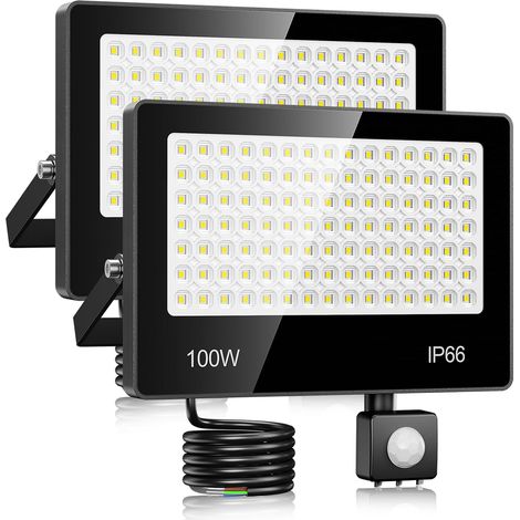 Projecteur LED Exterieur Detecteur De Mouvement 100W - 2 PACK 10000LM 6500K Blanc Froid Spot LED Extérieur Detecteur De Mouvement, IP66 Étanche Eclairage Exterieur pour Cours, Jardins, Garages (1/5)