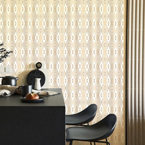Papier peint intissé pré-encollé - SCANDINAVE ART DÉCO LOSANGES BLANC ET DORÉ - 1 rouleau de 300x60cm (1/5)