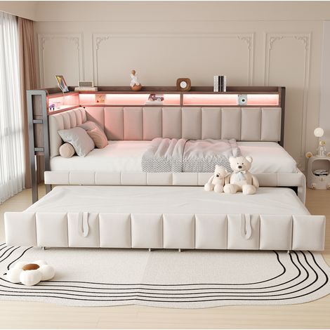 Divano letto estraibile 90/200 cm beige in velluto con LED, porte USB e Tipo-C (1/5)
