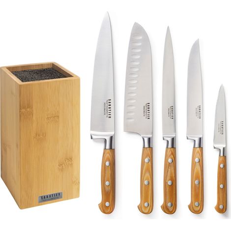 Bloc bambou de 5 couteaux de cuisine – Lames en acier inoxydable haute qualité – Manches en bois de pakka antibactérien – Lavable au lave-vaisselle (1/4)