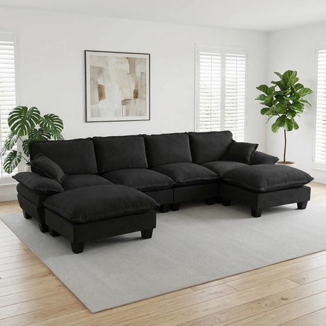 Modulares Ecksofa, U-förmige Cloud-Couch mit Segelboot-Design, 6-Sitzer Sofa aus komfortablem Chenille-Stoff mit beweglichen Ottomanen für Wohnzimmer & Apartments, Schwarz
