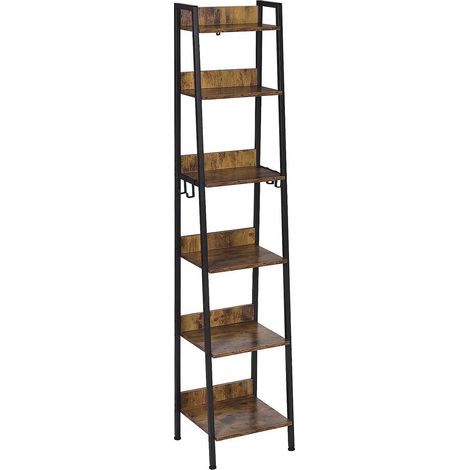 WOLTU Standregal mit 6 Ebenen, Küchenregal mit 4 Haken, Bücherregal im Industriestil, Lagerregal im Wohnzimmer Küche, Regal aus MDF Metall, schmales Leiterregal schwarz