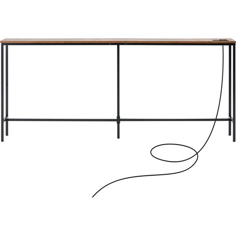 Mophorn Table console étroite pour canapé, 180 cm, meuble d'entrée avec prises électriques, structure métallique et station de charge, idéale pour couloir ou salon, finition marron et noire (1/5)
