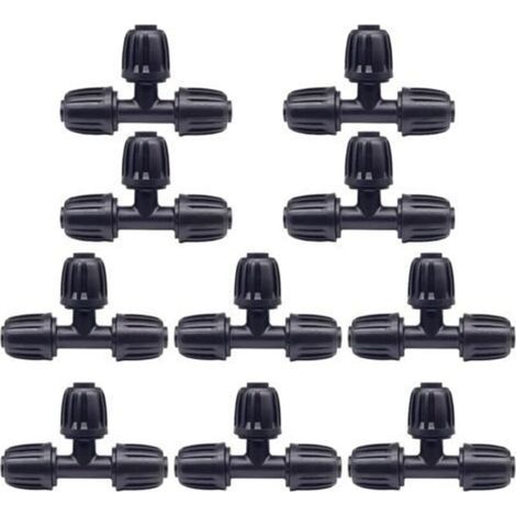 Pack of 10 garden hose fittings, plastic T-fittings, 16mm irrigation adapters, tap watering accessories. (1/5)