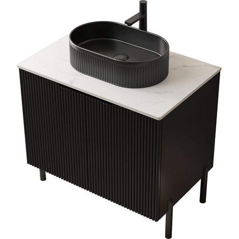 Meuble vasque salle de bain 76 cm avec lavabo céramique ovale noir strié, plan de toilette en pierre frittée, double porte soft-close, style romantique - CHICFURN (1/5)