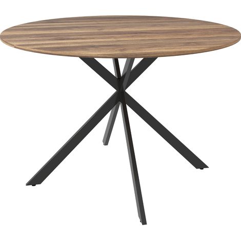 Table ronde industrielle 4 places 120 cm, plateau imitation bois chêne, piètement croisé métal acier, marron (1/5)