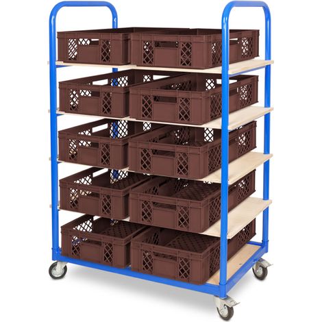 BRB Etagenwagen mit 5 Ebenen, BxTxH 1050x500x1450 mm bestückt mit 10 Euroboxen BxTxH 600x400x150 mm, durchbrochen (braun) (1/2)