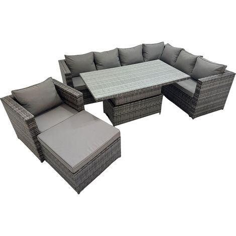 Fimous 8 Seater Rattan Height Adjustable Rising Lifting Table Corner Sofa Sets with Chair Big Stools Dark Grey Mixed (1/5)