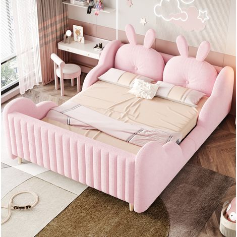 Letto imbottito coniglietto 140x200 cm in tessuto Plush rosa, testiera con cuscini removibili e sponde a nuvola (1/5)