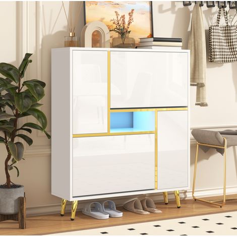 Meuble à chaussures en panneaux de particules blanc 80 x 25 x 96 cm, 2 portes, tablettes réglables et LED 16 couleurs (1/5)