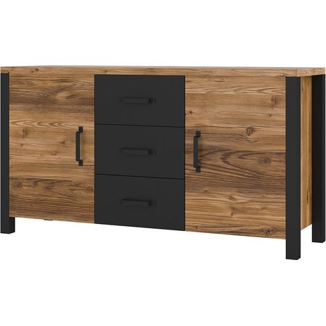 Buffet 150cm Kollektion DARWIN. Farbe Fichtenholz und Schwarz. 2 Türen und 3 Schubladen.