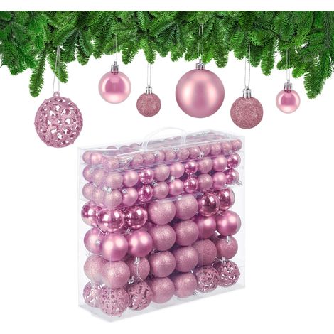 Relaxdays Christmas Baubles Set of 150, Glittering, Matt & Shiny Surfaces, Tree Ornaments, Plastic, ∅ 3, 4 & 6 cm, Pink (1/5)