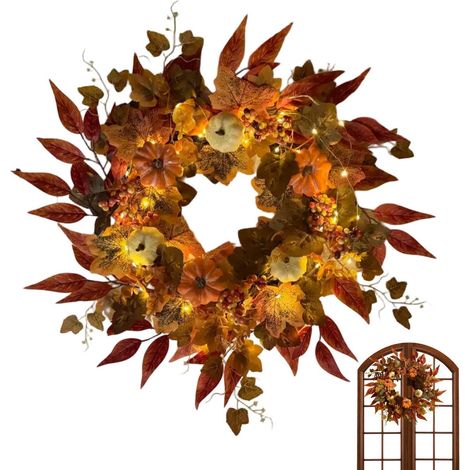 Couronne Porte Automne Guirlande De Récolte Artificielle Déco Halloween Couronne Automnale Artificielle Citrouilles Feuilles Érable Pour Manteau De Cheminée, Porche, Thanksgiving, Récolte, Maiso (1/5)