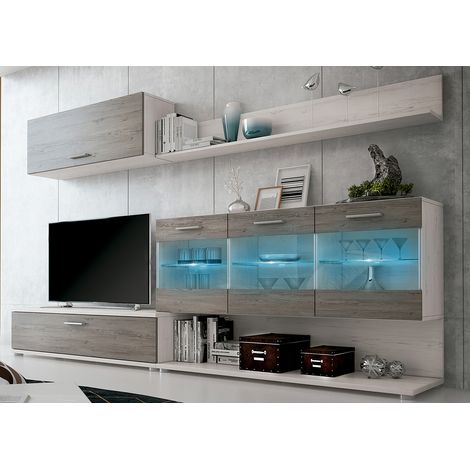 Set de TV, meuble TV, étagère haute, meuble haut, vitrine LED coloris pin Andersen, gris -PEGANE- (1/5)