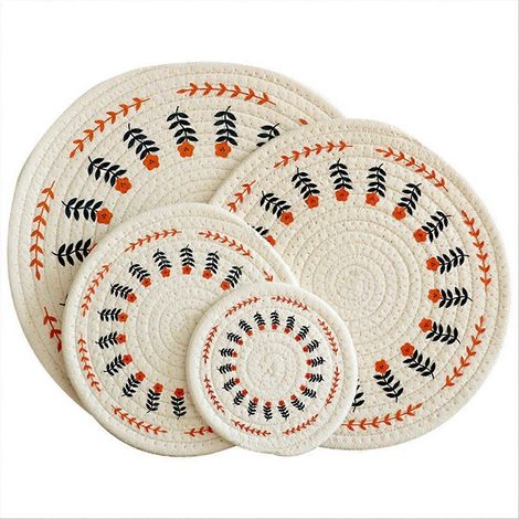 Lot de 4 épaissi rond coton tissé dessous isolant ensemble de table fleur (1/5)