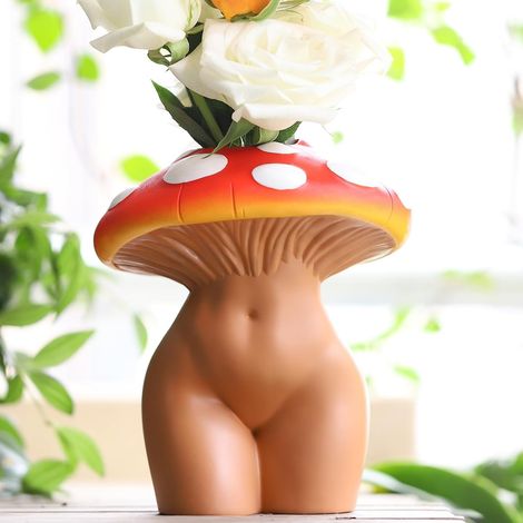 Vase en forme de corps de femme avec tête de champignon, décoration pour une maison moderne, tête dégradée et corps en bronze (1/5)