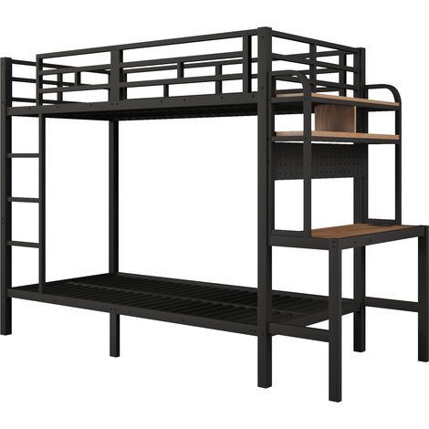 Letto a soppalco 90x200 cm in metallo e MDF con scrivania, mensole, LED e USB, nero (1/5)