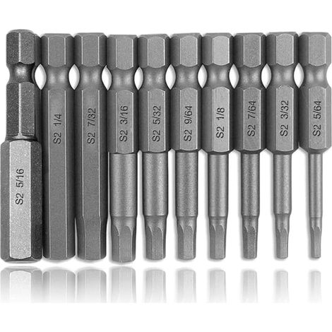 10pcs Set Bits Embouts de Tournevis Magnétiques à Tête Hexagonale Intérieure 50 mm de Tige Hexagonale 1/4 pouce en Acier S2 Jeu d'embouts de Tournevis Hexagonaux Imperial 5/64-5/16 Pouce (1/5)