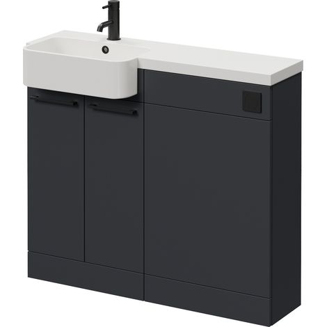 Napoli 250 Gloss Grey 1000mm 2 Door Vanity Unit Toilet Suite with Left Hand Round Rico Semi Recessed Basin - 1000mm - Matt Black 160mm HandleWithout Kingston Toilet Pan