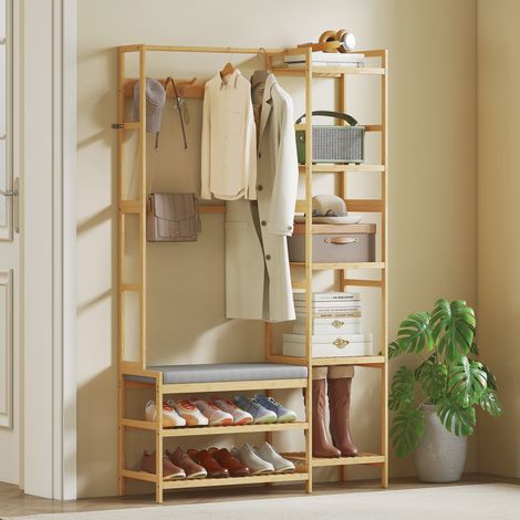 Appendiabiti con ripiano per scarpe, ganci per vestiti, supporto per cappotti, panca con cuscino, per corridoio, ingresso, legno naturale