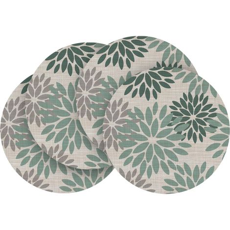 Lot de 4 sets de table ronds PVC verts, motifs dahlias, 36 cm, résistants taches et chaleur. (1/5)